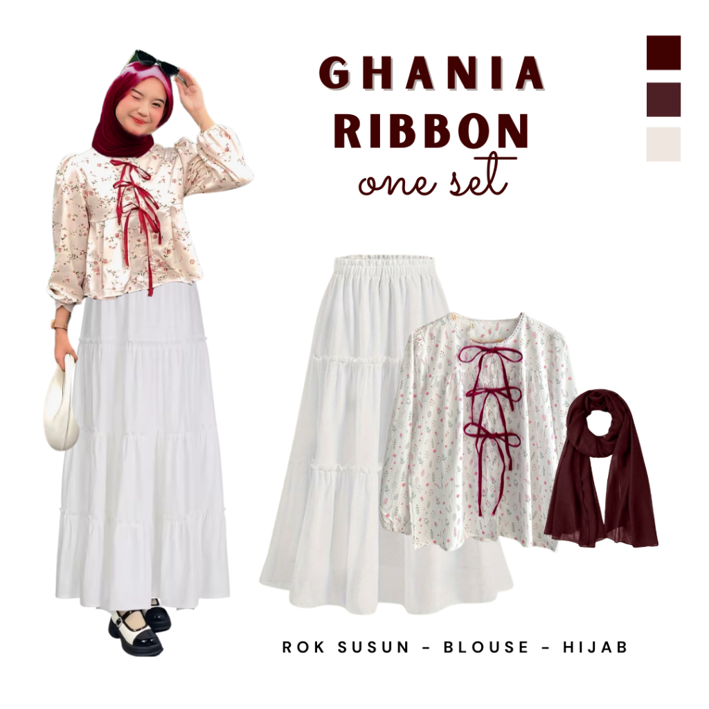 Oneset Outfit Coquette (Blouse Pita, Rok Susun, Hijab Maroon) Setelan Outfit Hijab Style - CTO61