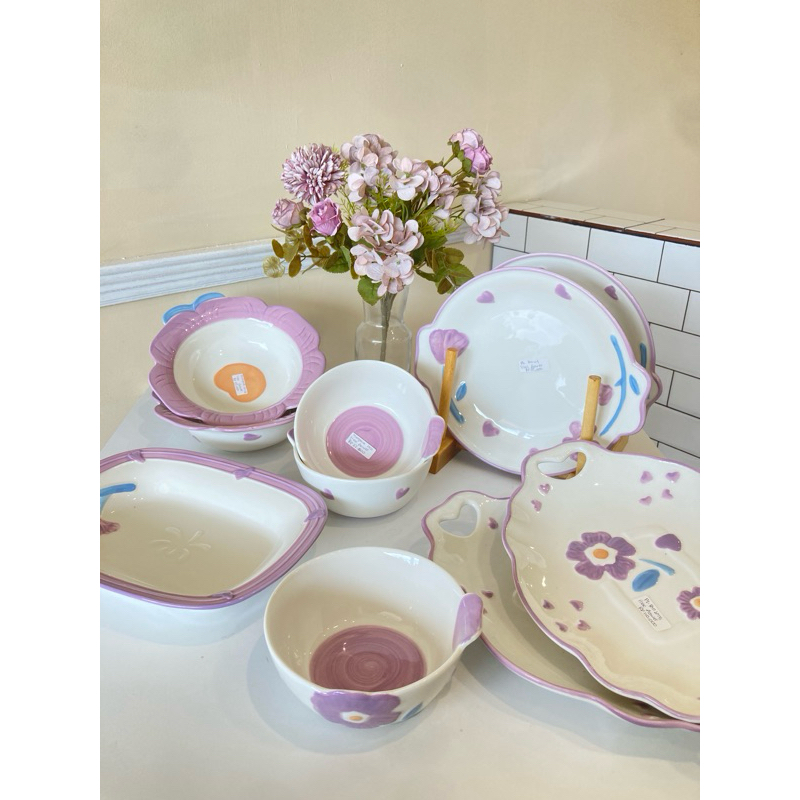 Lilac Flower Series/piring aesthetic/perlengkapan makan aesthetic/Mangkuk Nasi/Piring Saji Bulat/Pir