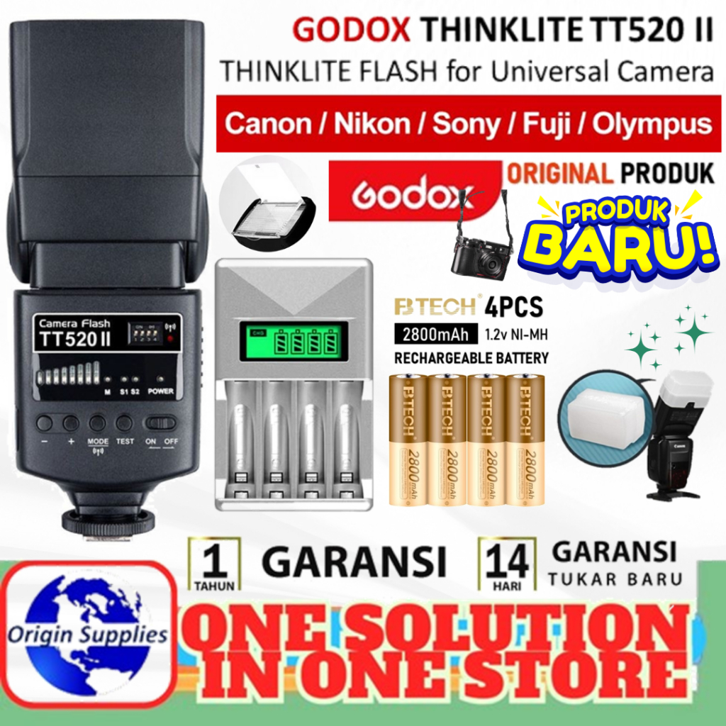 PAKET Lampu Flash Eksternal Godox TT520 II Kamera Canon Fujifilm Olympus Pentax Nikon Flash Godox