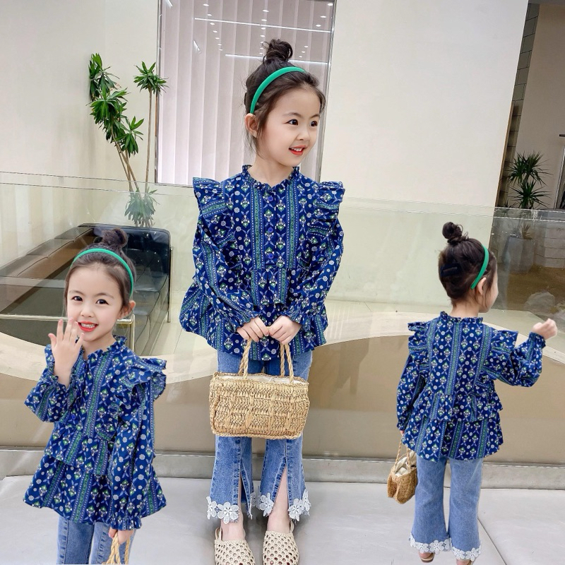 2-10Tahun Setelan jeans navy bunga baju anak perempuan modis stylish ootd korea
