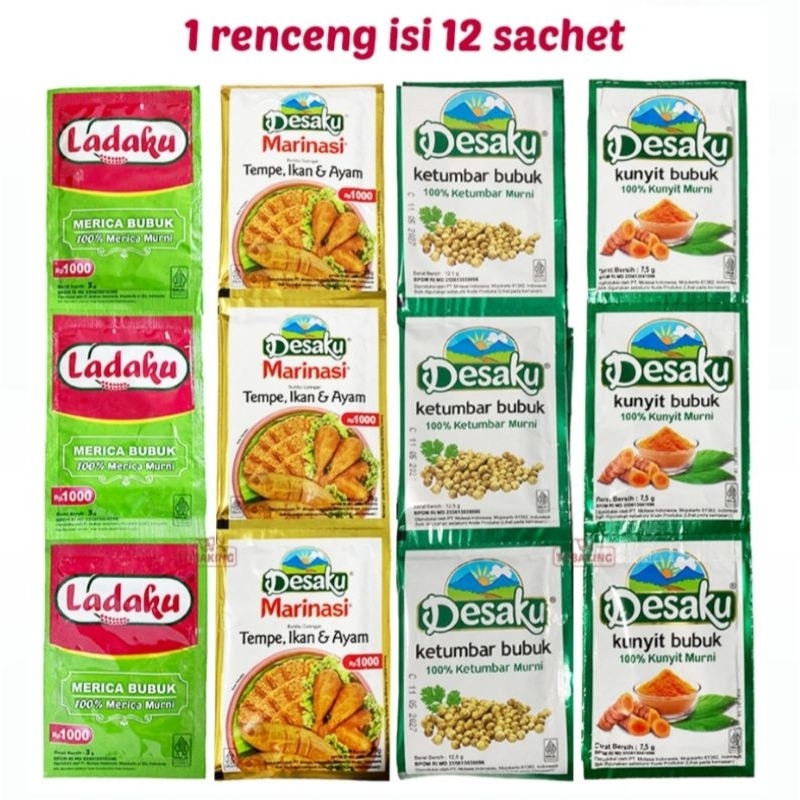 

LADAKU MERICA 3gr DESAKU KETUMBAR 12,5gr DESAKU KUNYIT 7,5gr DESAKU MARINASI BUBUK MASAK RENTENG isi 12 SACHET