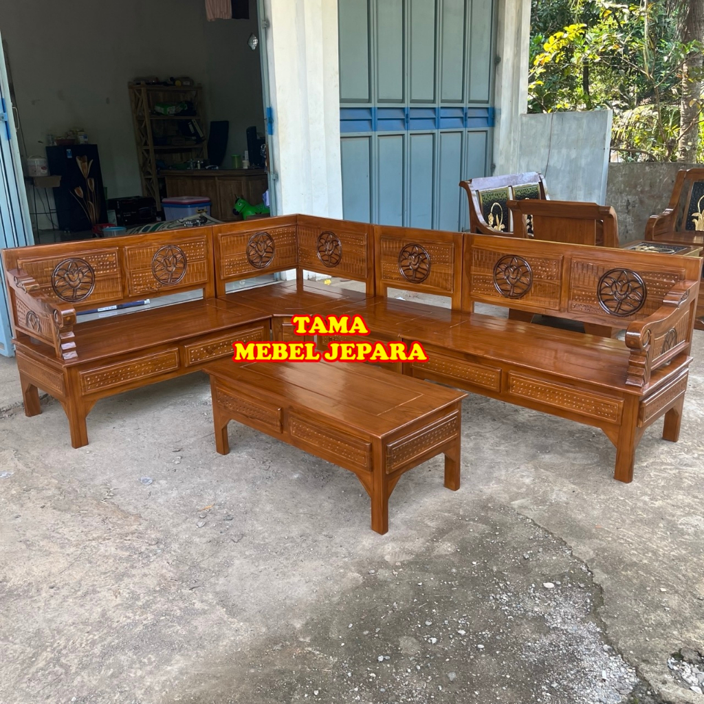 kursi tamu jati / kursi sudut minimalis motif bunga (bagong)