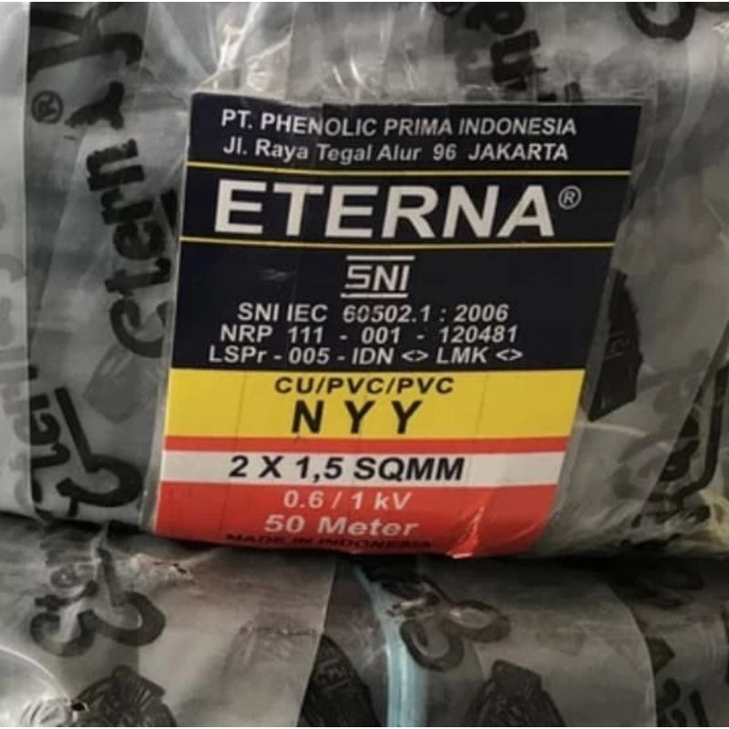 Kabel Listrik Kawat Tembaga Hitam Kabel Outdoor ETERNA NYY 2X1,5 Isi 2 Harga 1 Meter