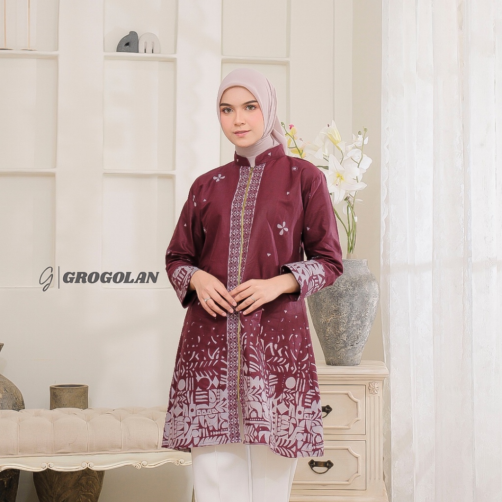 Premium Grogolan Blouse Batik Kerja Lengan Balon Atasan Tunik Wanita Motif Kanaya