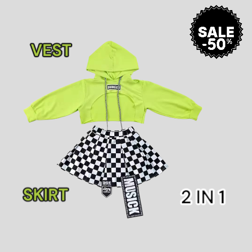 KALEA Hoodie Crop Anak Perempuan Plus Skirt/Rok Style Korea 2In1 Usia 3-14 Tahun HIP HOP DANCE /SETE