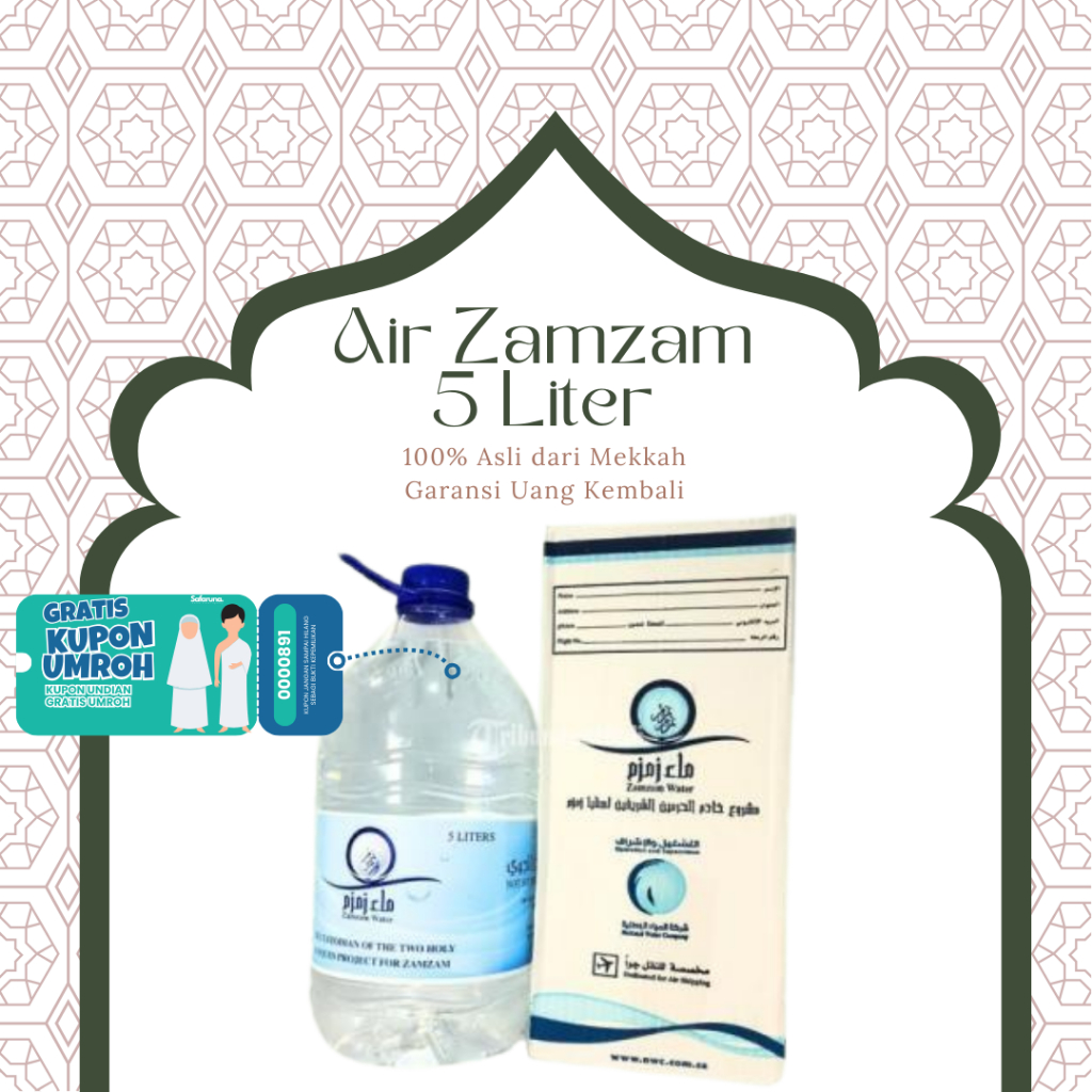 

Air Zam Zam 5 Liter, Zamzam galon 5liter, Air Zam Zam asli, zam zam water orginal, Kemasan Asli
