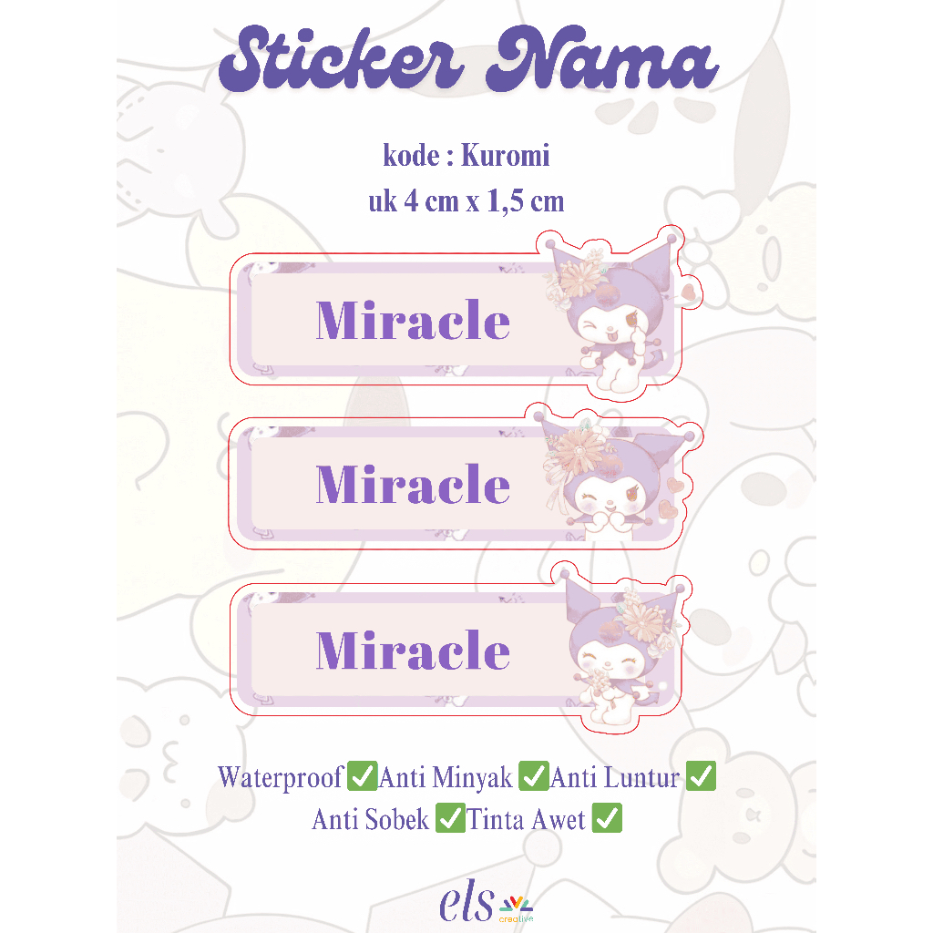 

Stiker Label Nama Anak Kuromi Custom Premium Quality Print Karakter Sanrio Sticker Pack Waterproof Oilproof Promo Termurah Bandung Ready Kuromi