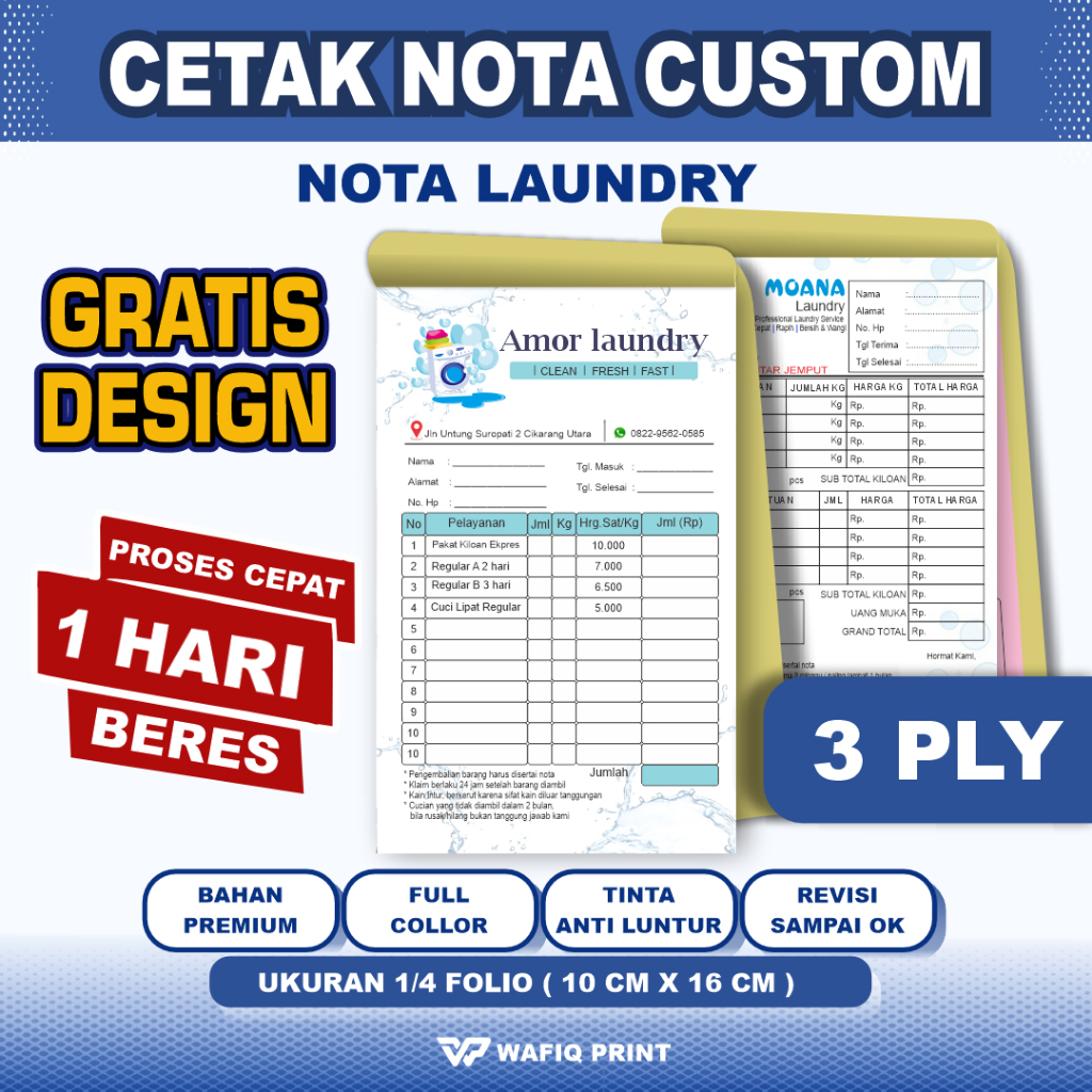 

Nota Laundry 3PLY Custom Nama Sendiri Ukuran 1/4 polio Gratis Design Full Warna Buku Kwitansi