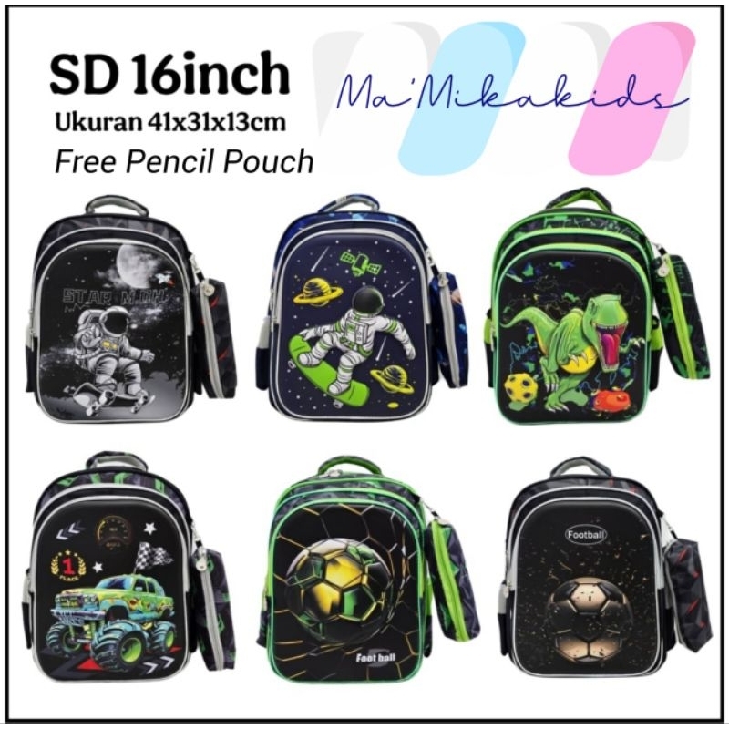 Tas Ransel Sekolah SD Import Doff 16"inch Anak Laki Laki/Anak Cowok Karakter Astronot Dinosaurus Mob