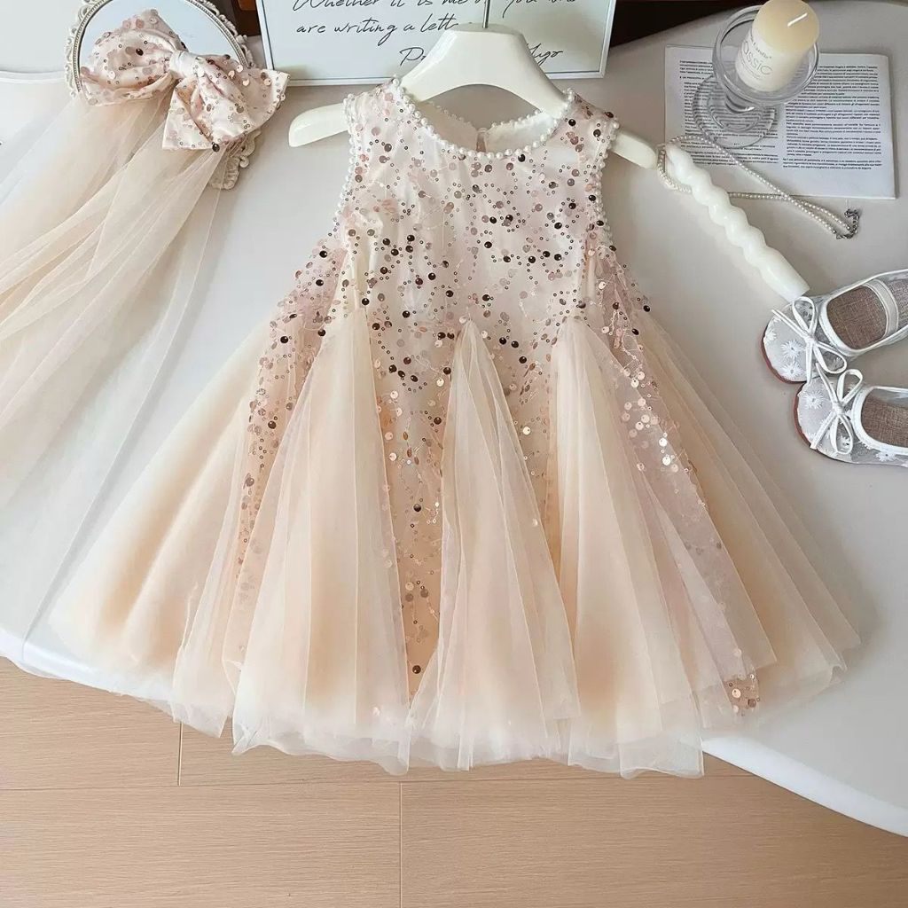 [KIDSWONDERLAND] 1013 Dress NeckPearl Peach Gold Manik Mute + Pita Veil Anak Perempuan