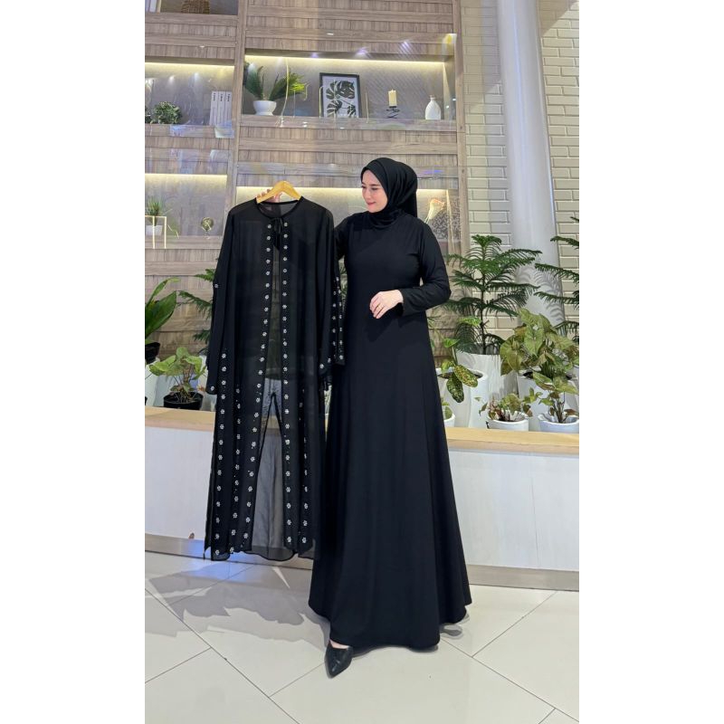 Gamis Abaya Turkey Outer Rompi Pisah Payet Bunga Silver