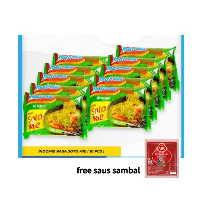 

Indomie rasa soto mie ( isi 10 pcs free 1 saus sambal ABC 15 gr )