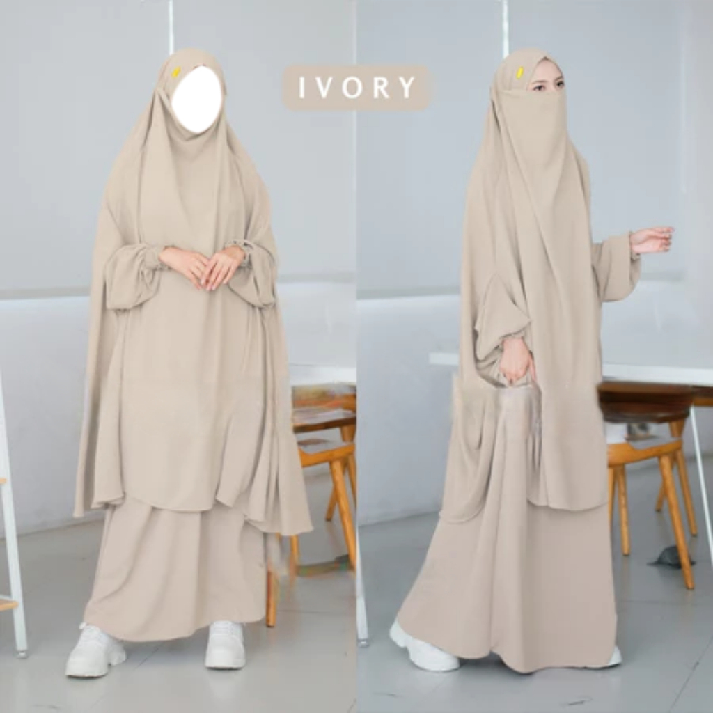 French Set Gamis Khimar Syari Warna Ivory – Bahan Adem Lembut Jatuh Anti Kusut & UV Premium