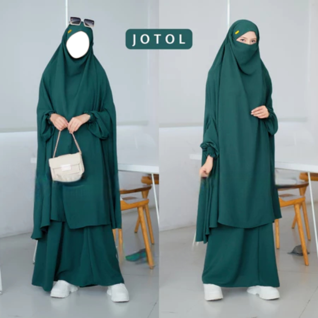 Gamis Syar’i Set Khimar Warna Jotol (Hijau Botol) Bahan Premium Dingin Lembut Jatuh Anti Kusut Anti 