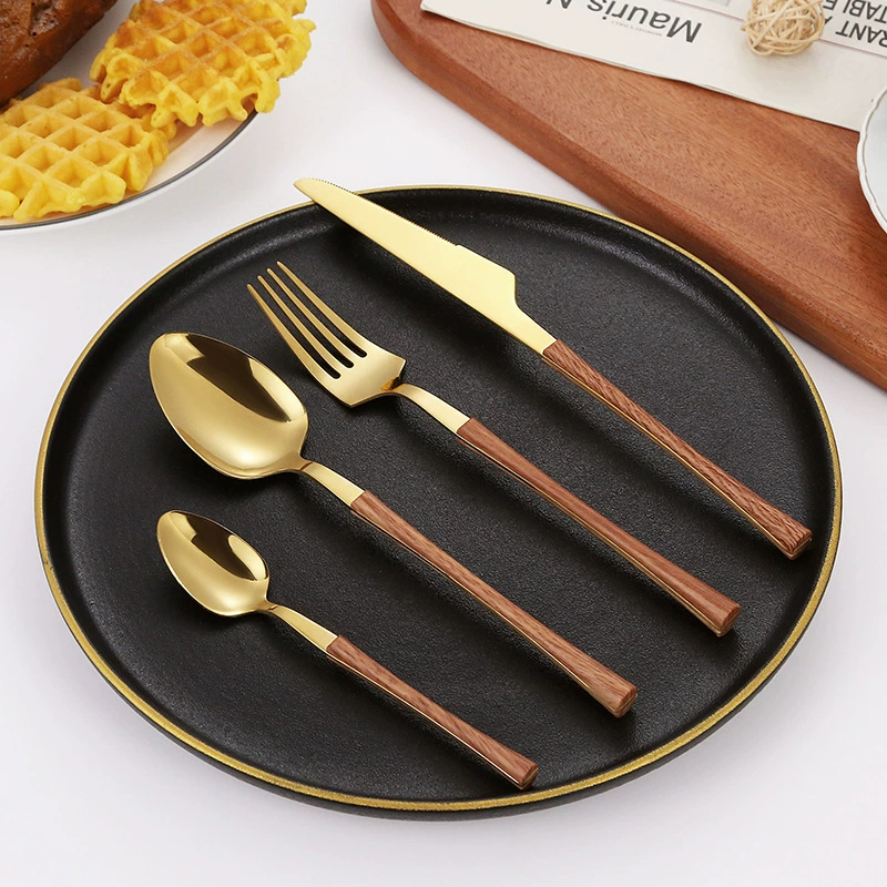 Gold Wooden Oak Cutlery Set / Cutlery Gagang Kayu / Set isi 4 Stainless Steel Mewah / Set Sendok Wes
