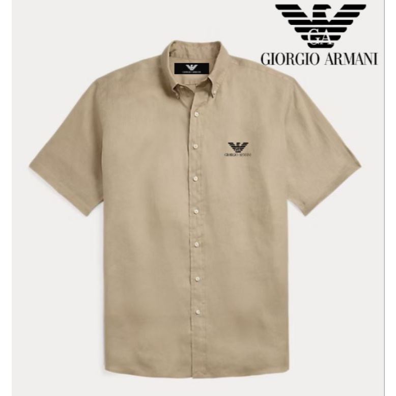 Kemeja Giorgio Armani Pria Polos Lengan Pendek Slimfit Cetak Krah Turn Down Logo Cetak Bordir Formal