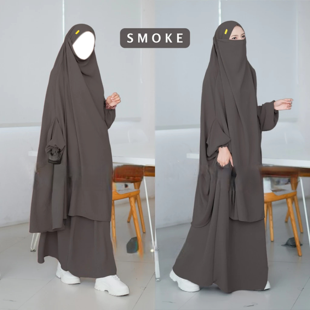 French Set Gamis Khimar Syari Warna Smoke – Bahan Adem Lembut Jatuh Anti Kusut & Anti UV Premium