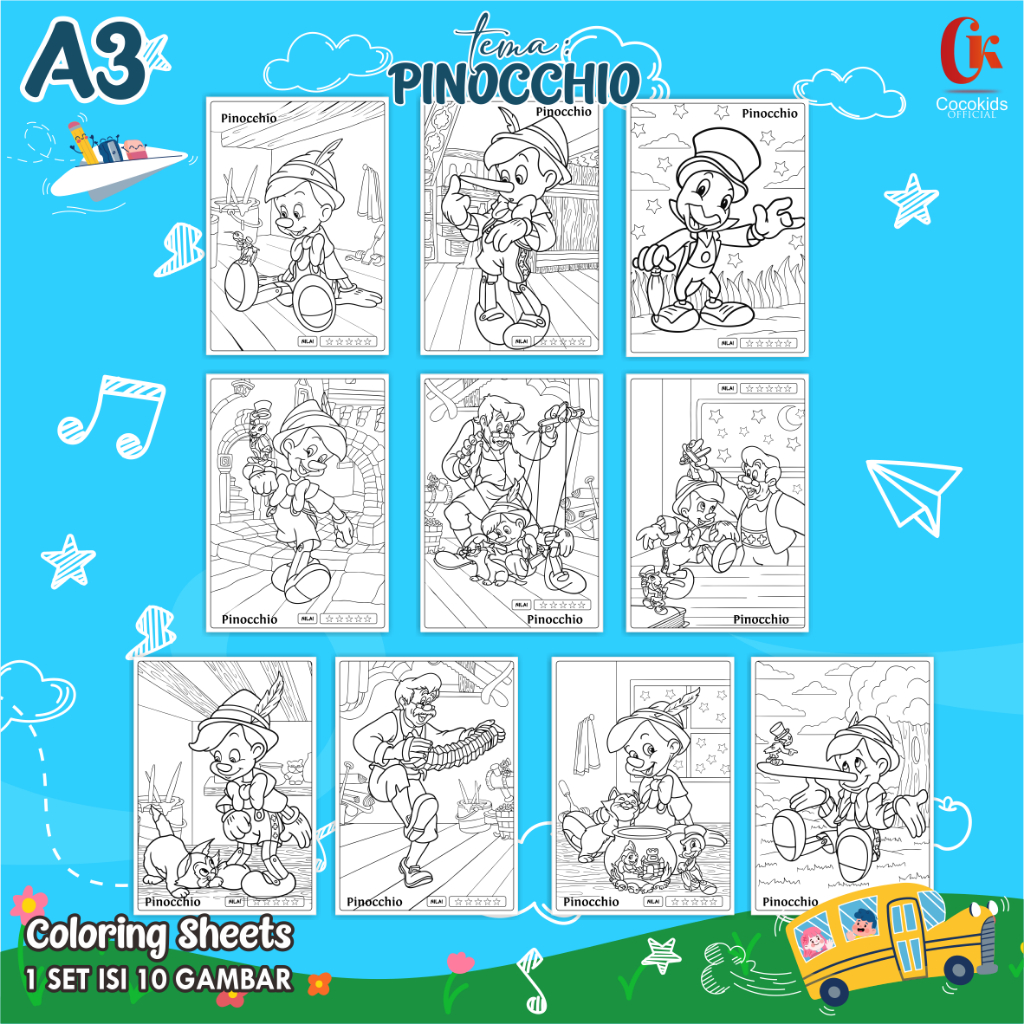 

(PINOCHIO 01) KERTAS MEWARNAI ANAK A3 - COLORING SHEETS SERIES 1 - LEMBAR MEWARNAI ANAK PAUD/TK/SD