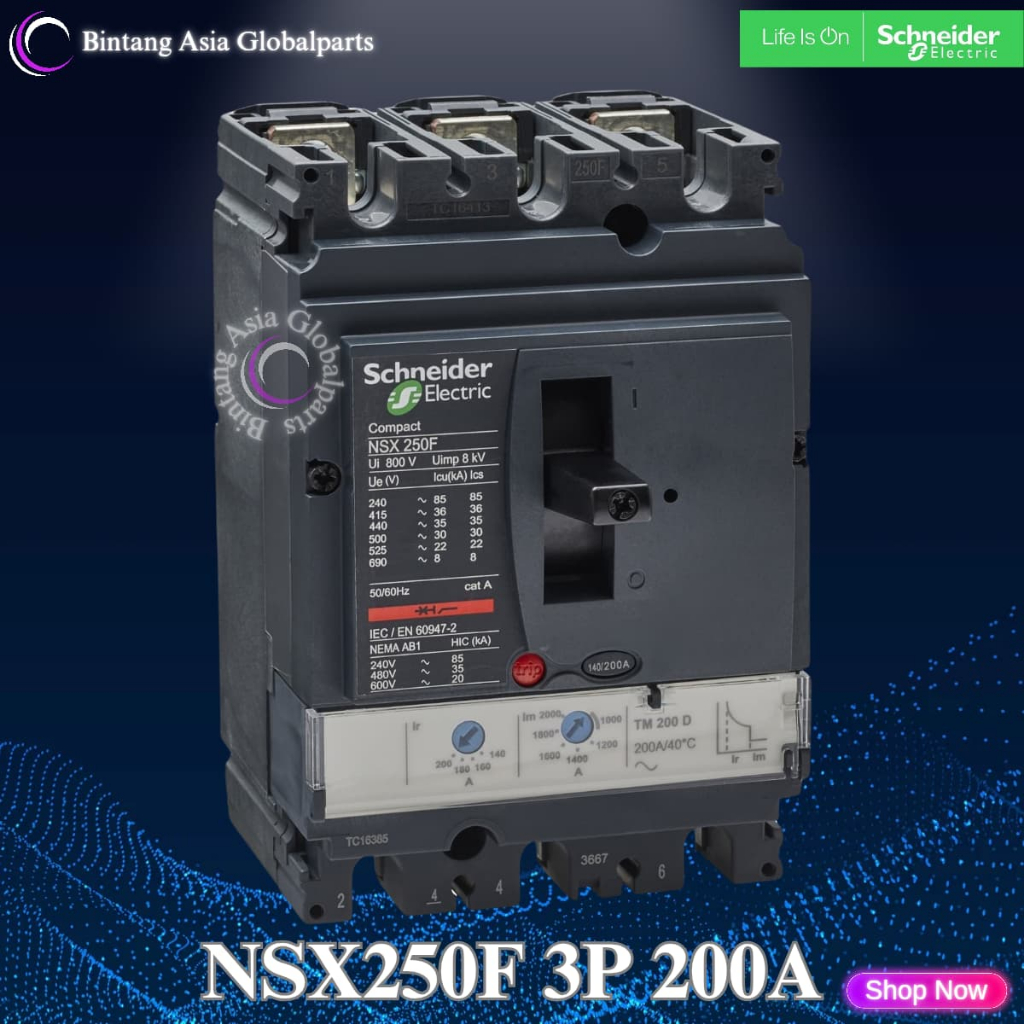 MCCB 3 Phase 200 Ampere Schneider LV431631 Original / MCCB 3p 200a 36kA NSX250F / Breaker 3 Pole 200