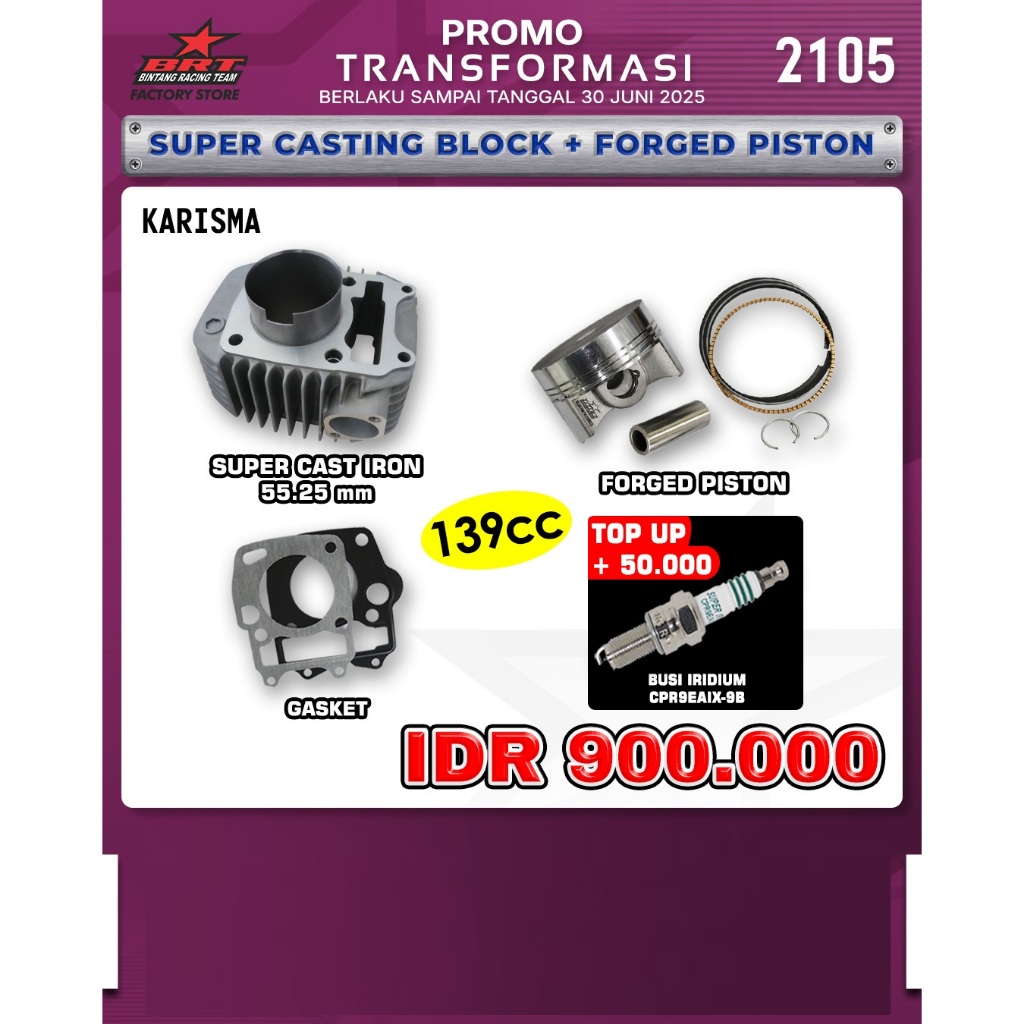 BLOCK SUPER CAST IRON + FORGED PISTON 55.25 MM BORE UP 139 CC BRT - HONDA KARISMA