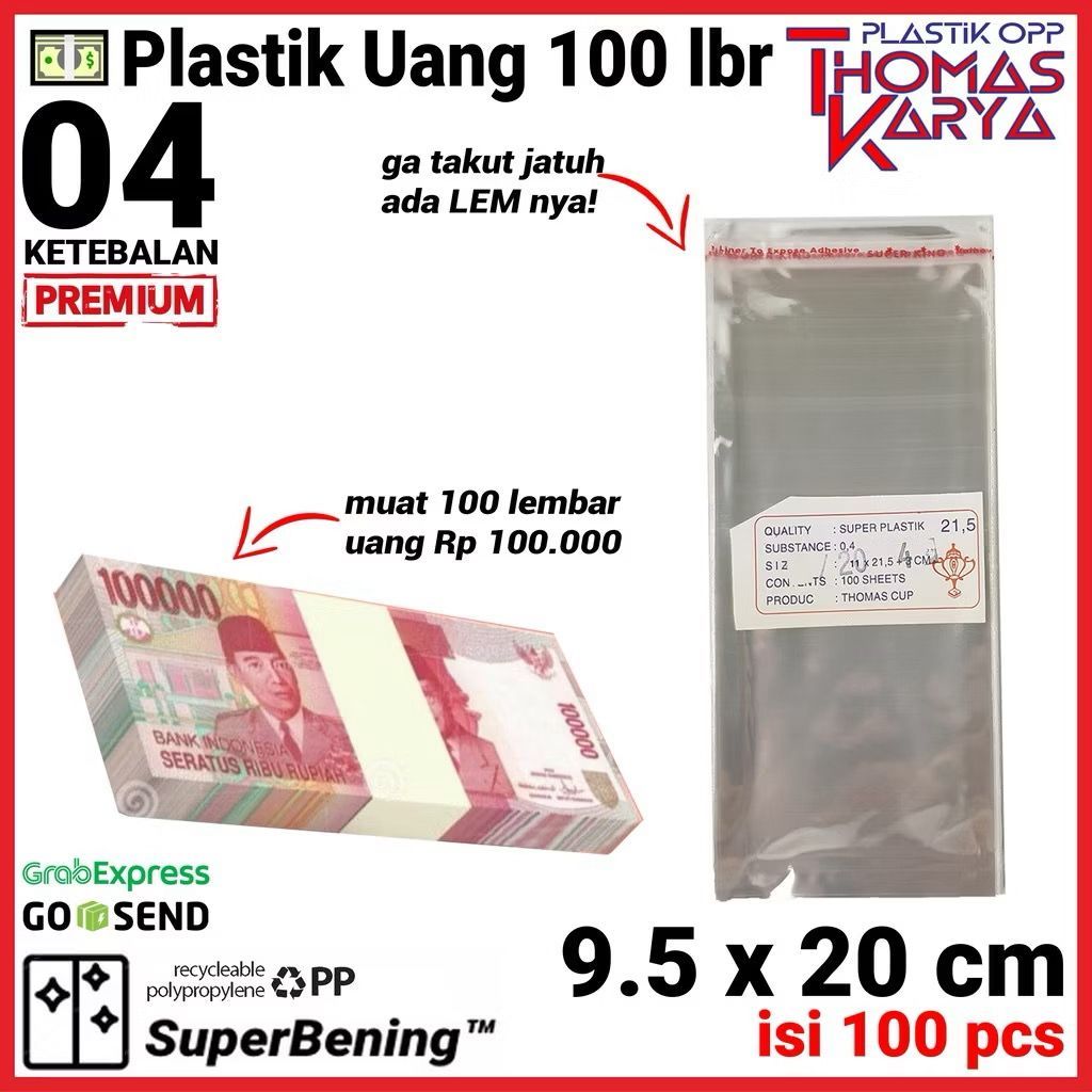 Plastik OPP 9,5x20 TEBAL | Isi 100 | Kantong Bening | Kemasan Bungkus Uang Kertas 100 Rb 100 lembar 
