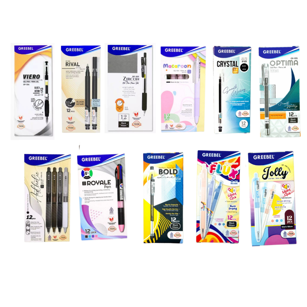 

Pena Pulpen Greebel Terbaik Per Pcs : Optima, Crystal, Jolly, Flux, Boldliner, Primary, Writec, Royale, Macaroon, Aesthetic, Aurora, Ornate, Paporo, Viero, Hi-tech, Rival, Tecnoline, Popline, Riter, Classmate, Fine gel, dan Zircon