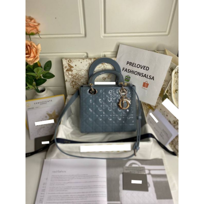 Preloved Medium Lady Dior Blue Patent Cannage Lambskin