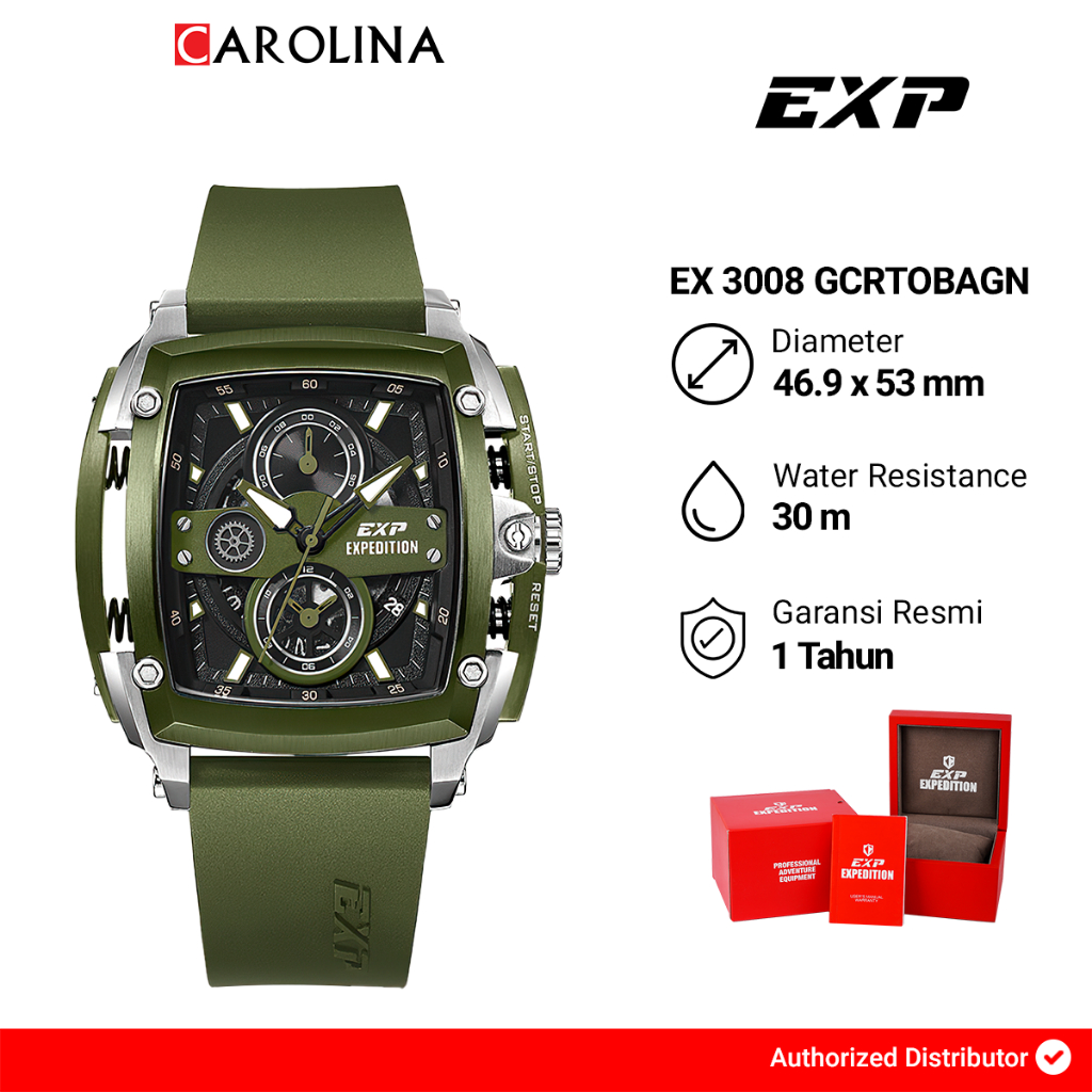 Jam Tangan Pria Expedition Exp Chronograph EX 3008 GCRTOBAGN Black Dial Green Rubber Strap