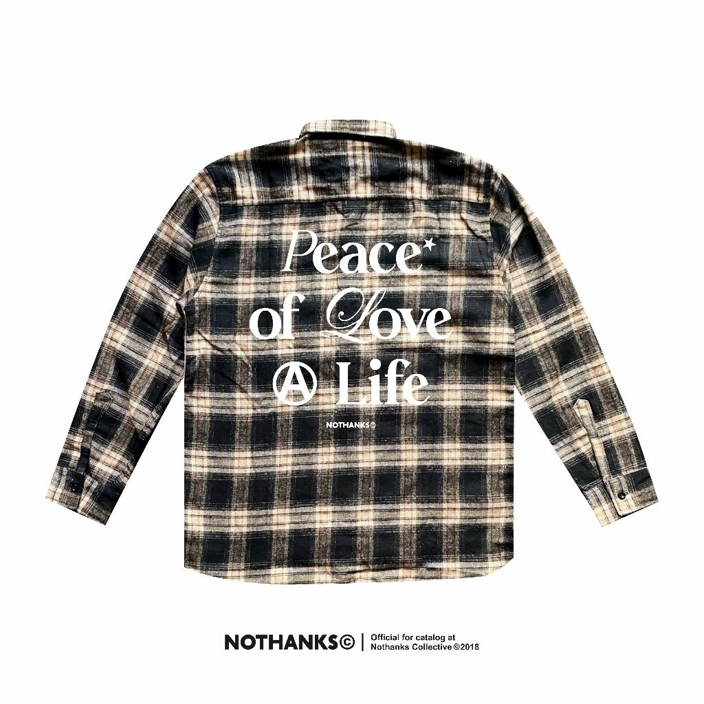 FLANEL NOTHANKS PEACE LOVE VETERANO BROWN BLACK kemeja pria wanita distro clothing