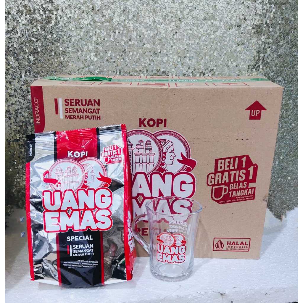 

Kopi Bubuk Uang Emas 1 DUS (9 x 350g) TERLARIS BONUS GELAS Kopi Hitam Robusta Tubruk - KARTONAN
