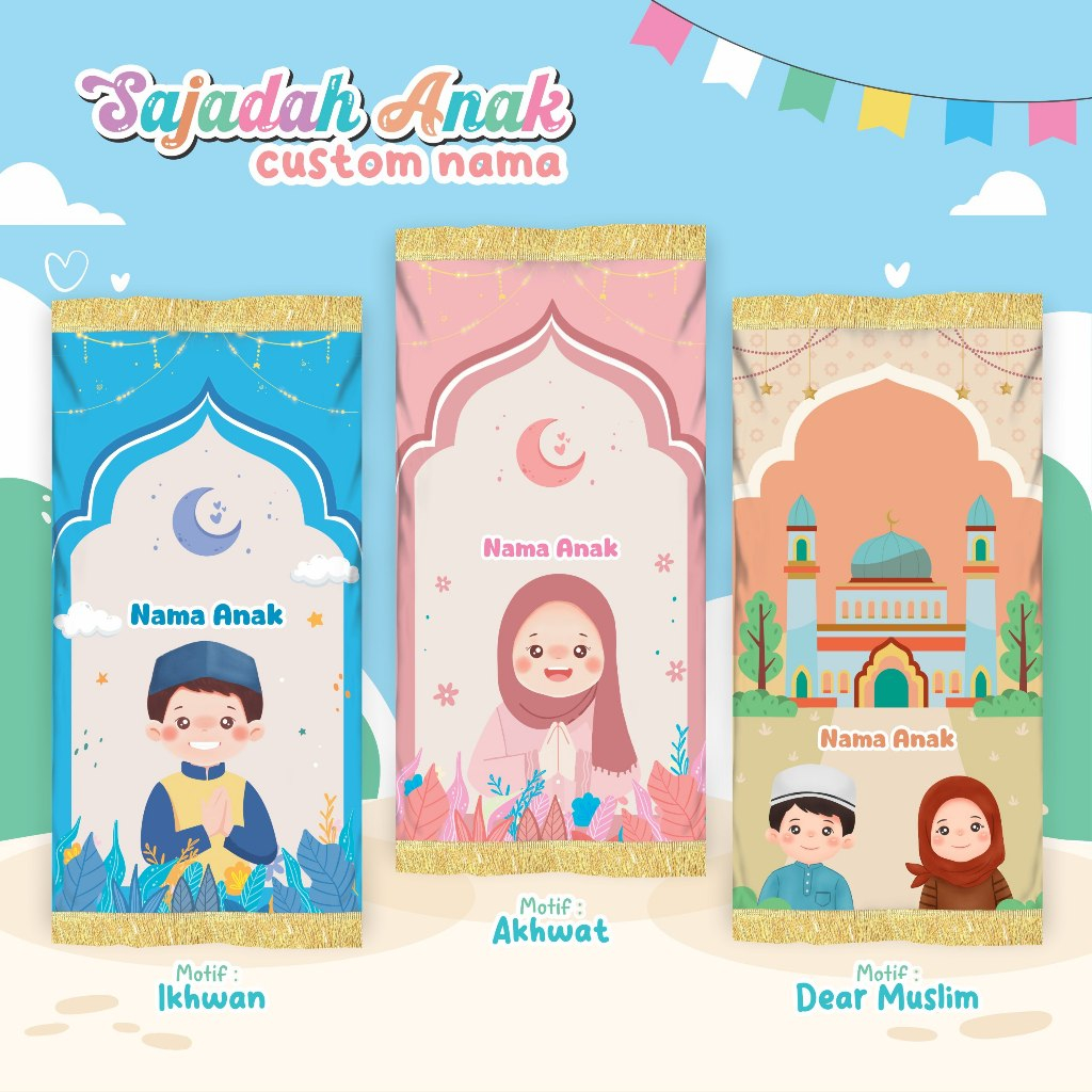 Sajadah Karakter Anak Custome Nama motif Baru Souvenir Ulang Tahun dan Kelulusan