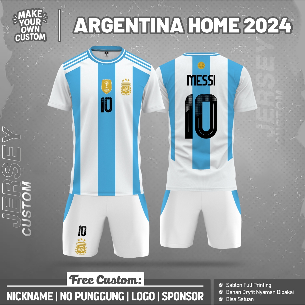 Baju Bola Argentina Home 2024 Jersey Free Custom Nama dan Nomor Punggung