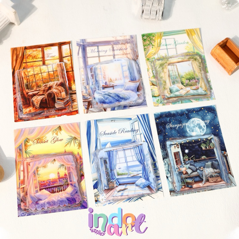 

(IAs) Sticker Journal Deco Scrapbook Night Window Garden Sunset Scenery Winter Summer Season Musim Dingin Panas Semi Balcony Lucu