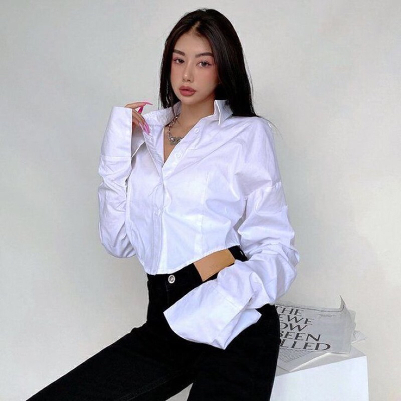 Kemeja Crop Top Wanita Kantoran Korea Blouse Pendek Baju Kancing Lengan Panjang Kerah Tinggi Kerja