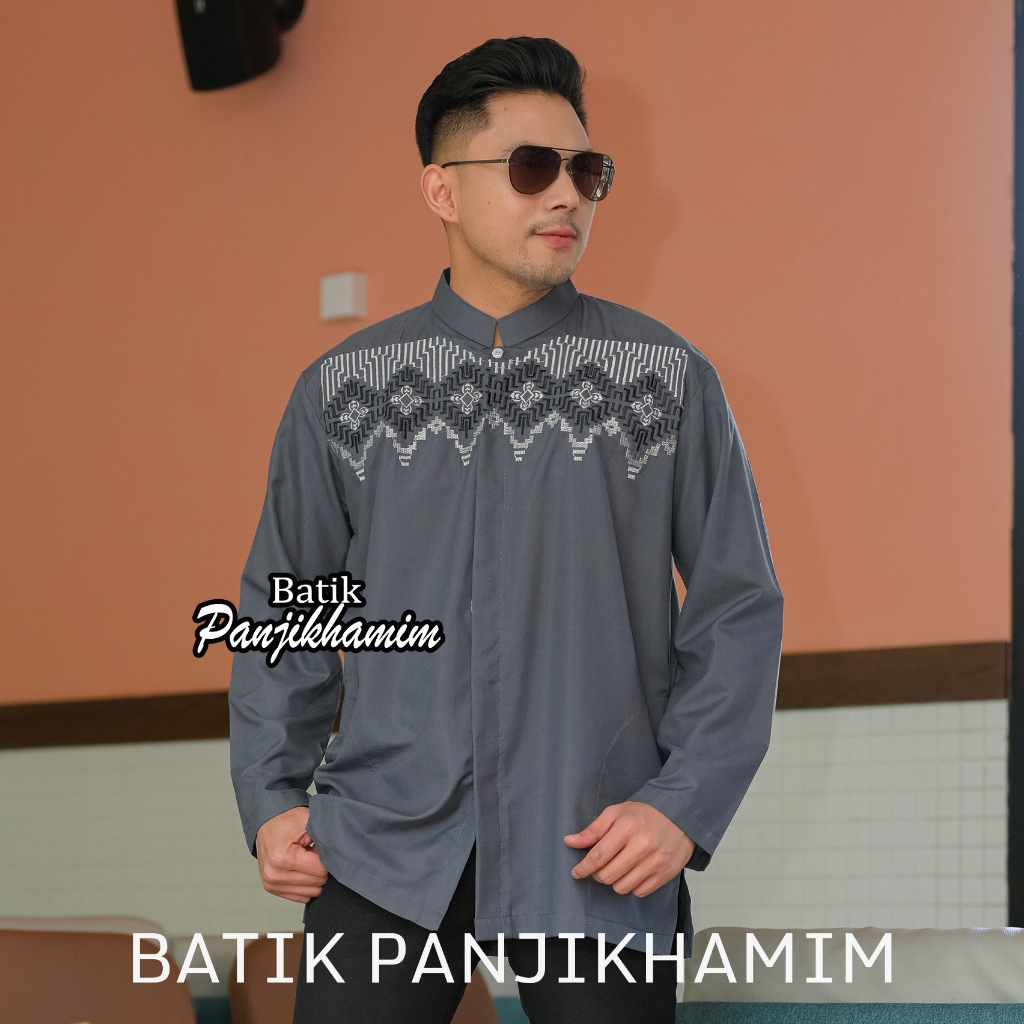 Baju Koko Pria Lengan Panjang Bordir Warna Abu Tua Putih Biru Muda Katun Busana Muslim Dewasa Jumbo