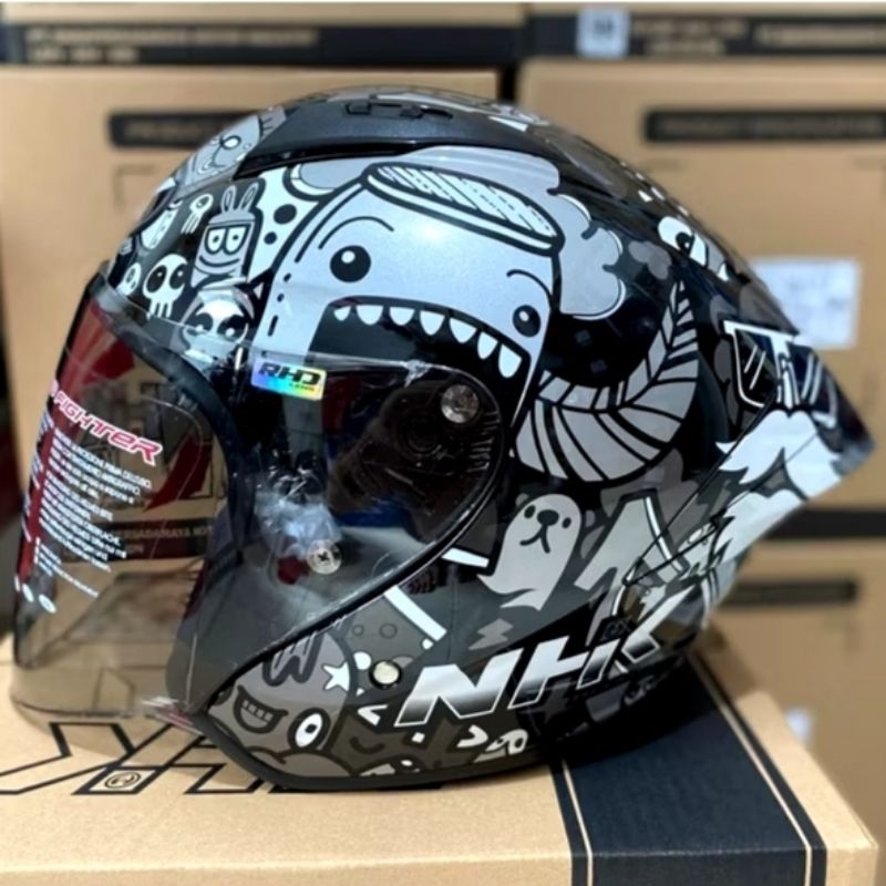 NHK N1 MAX DOODLE BLACK SILVER GLOSSY ORIGINAL | RHD LENS HELM HALF FACE N-1 MAX MOTIF DOODLES HITAM