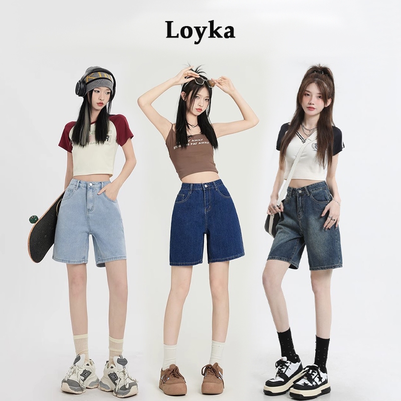 Loyka celana pendek wanita jeans Korean style baggy straight cut short jens biru premium denim jeans