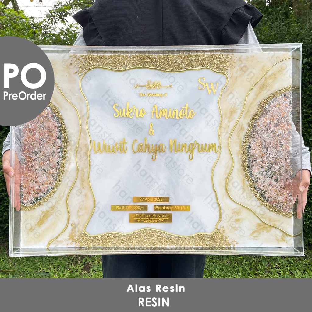 PO 50 x 70 cm BOX Frame Resin White & Gold Custom Nama Akrilik  / Mahar Resin art / Seserahan