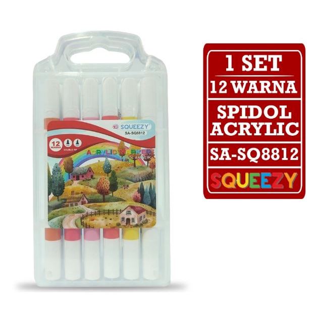 

1Set Spidol Kuas Acrylic 2 in 1 Bullet & Brush Permanent Pen Marker 12 Warna SQUEEZY SA-SQ8812 Dual Tip Fine & Soft Permanen