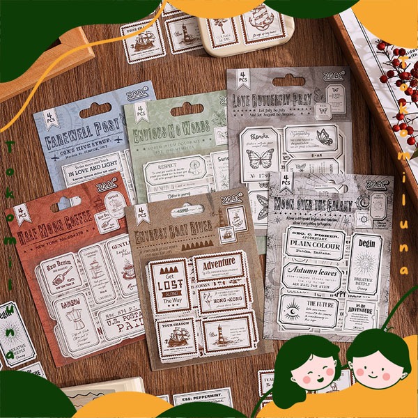 

1 set isi 4 lembar retro stamp sticker aesthetic vintage journaling DIY scrapbook deco stiker model perangko HB1966
