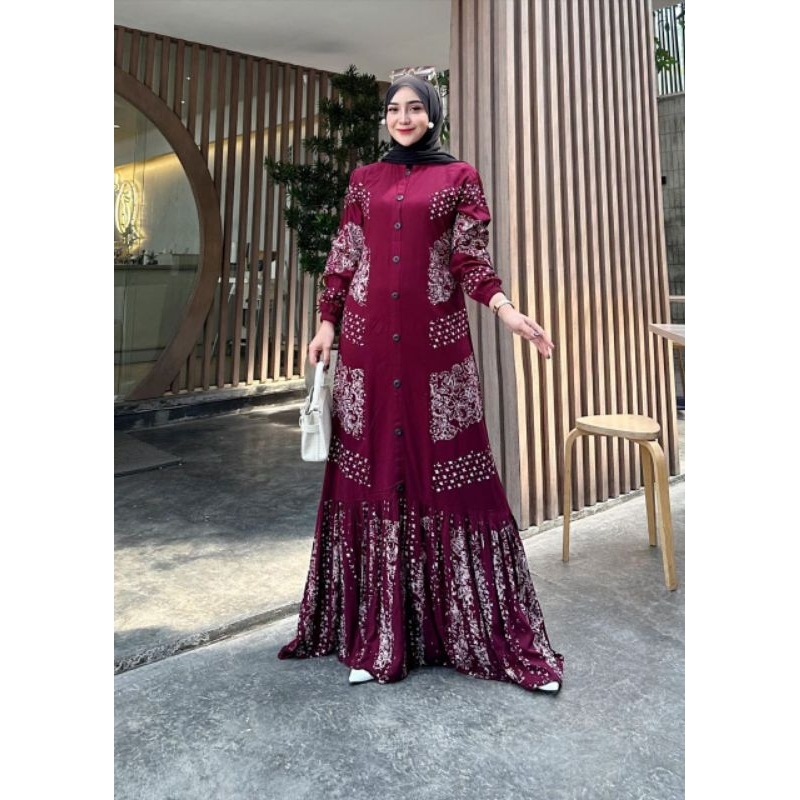 Gamis Batik Twill Rempel Bawah Marun