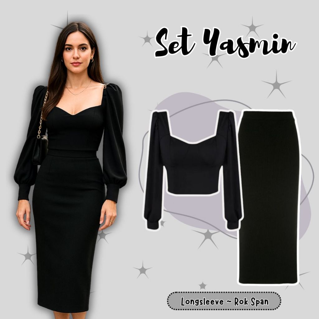 2in1 Yasmin Set Kekinian ala Korea (Longsleeve Crop, Rok Span Korea) OOTD Kampus, Kondangan, 2025 - 