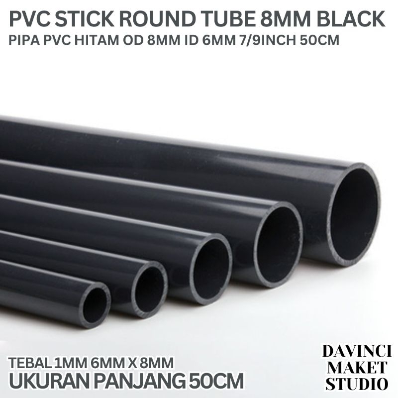 PVC Stick Pipe 8mm Black Round Tube - Pipa PVC Stik Bulat Kosong Rongga Lingkaran 8mm Hitam 50cm