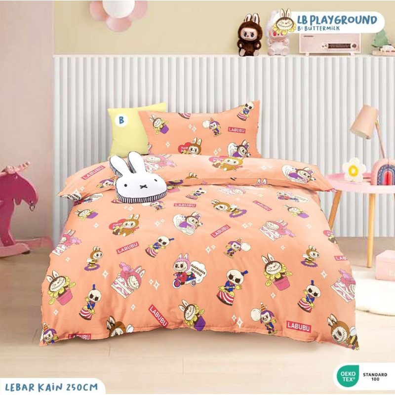 Sprei Katun Lokal Premium / Sprei Motif Labubu Playground warna orange dan kuning Merk Bintang Kecil