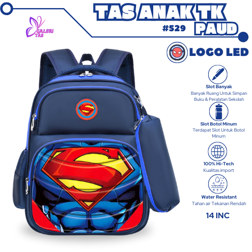GT Tas Ransel Sekolah Anak Laki Laki TK Led Karakter 3D Ransel Anak Cowok Superhero 529 - Tas Import
