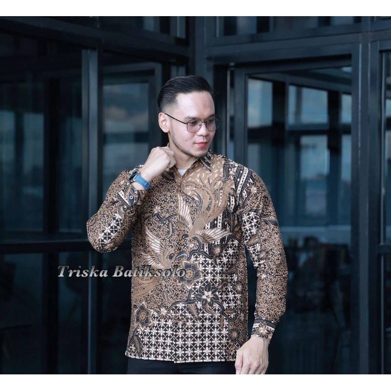 Raharja cream kemeja batik pria bahan katun premium hem batik solo lengan panjang pendek