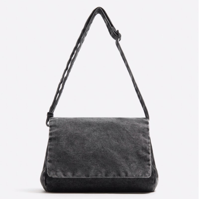 ZARA Men Washed Effect Denim Crossbody Bag Tas Selempang Pria Blac