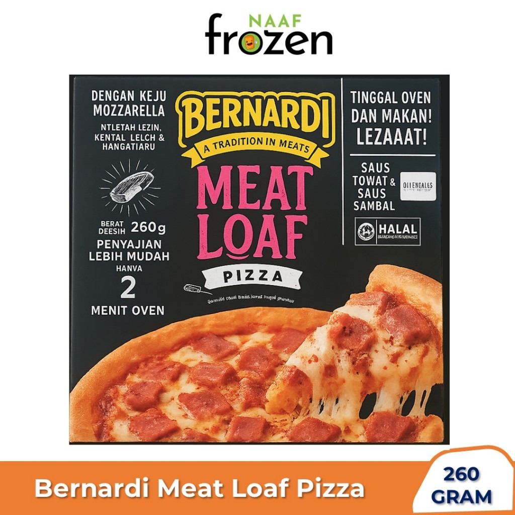 

Bernardi Meat Loaf Pizza 260 gr dengan keju mozarella, daging sapi asap dan saos