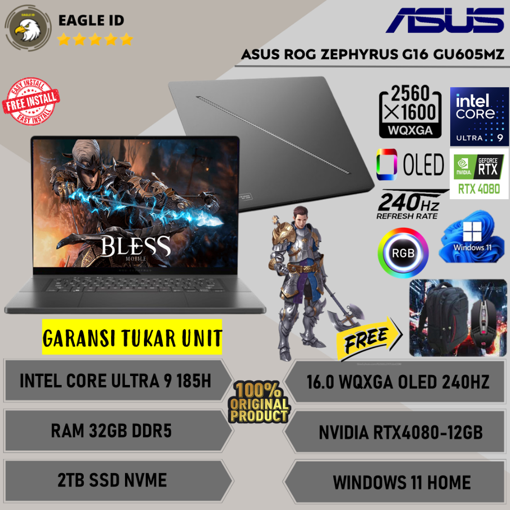 Laptop Gaming Asus ROG ZEPHYRUS G16 GU605MZ Intel Core Ultra 9 185H Ram 32GB DDR5 2TB SSD 16'' WQXGA