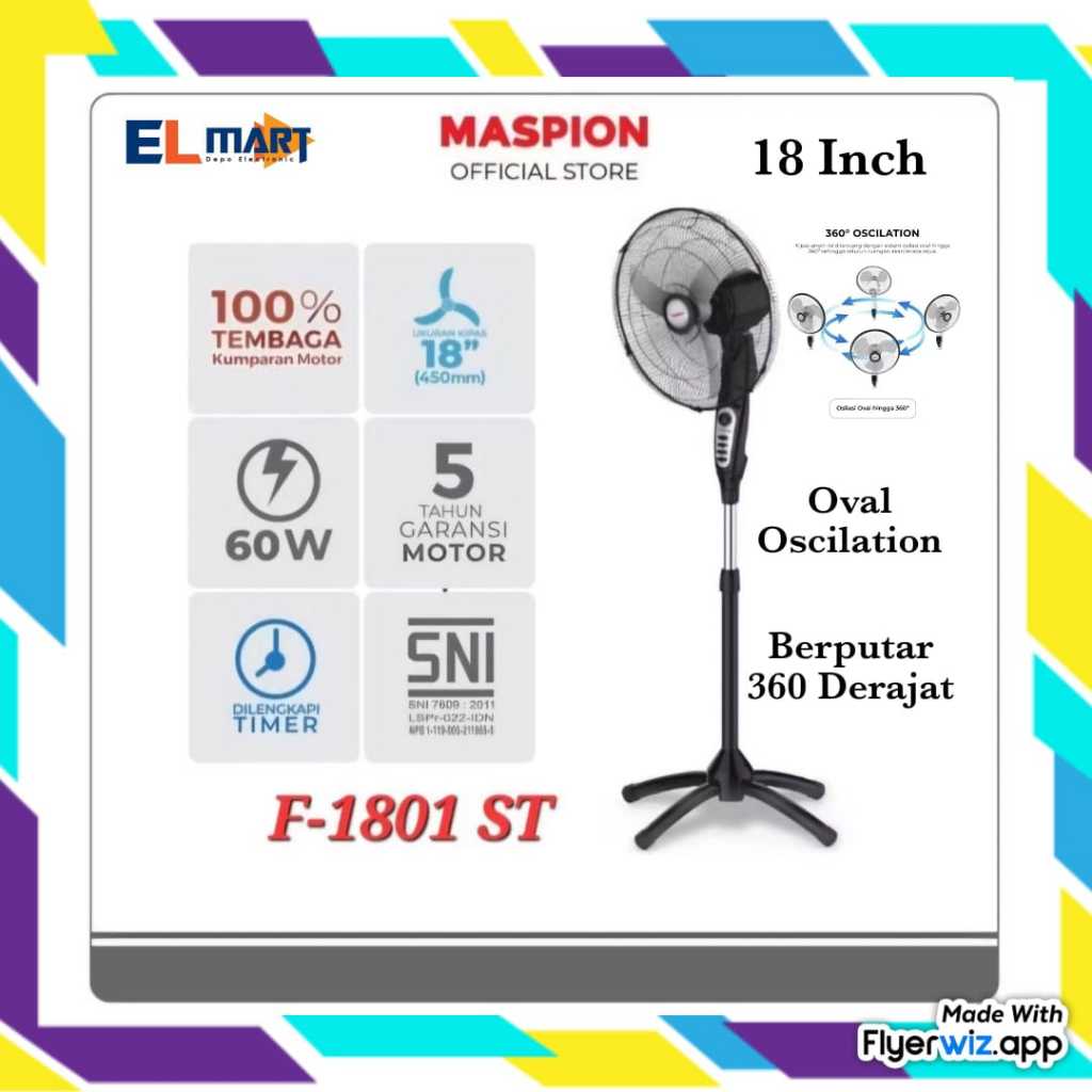 Maspion Kipas Angin Berdiri Baling Besi 18inch F 1801 ST 1801ST F1801ST Oscilation Berputar 360 Dera